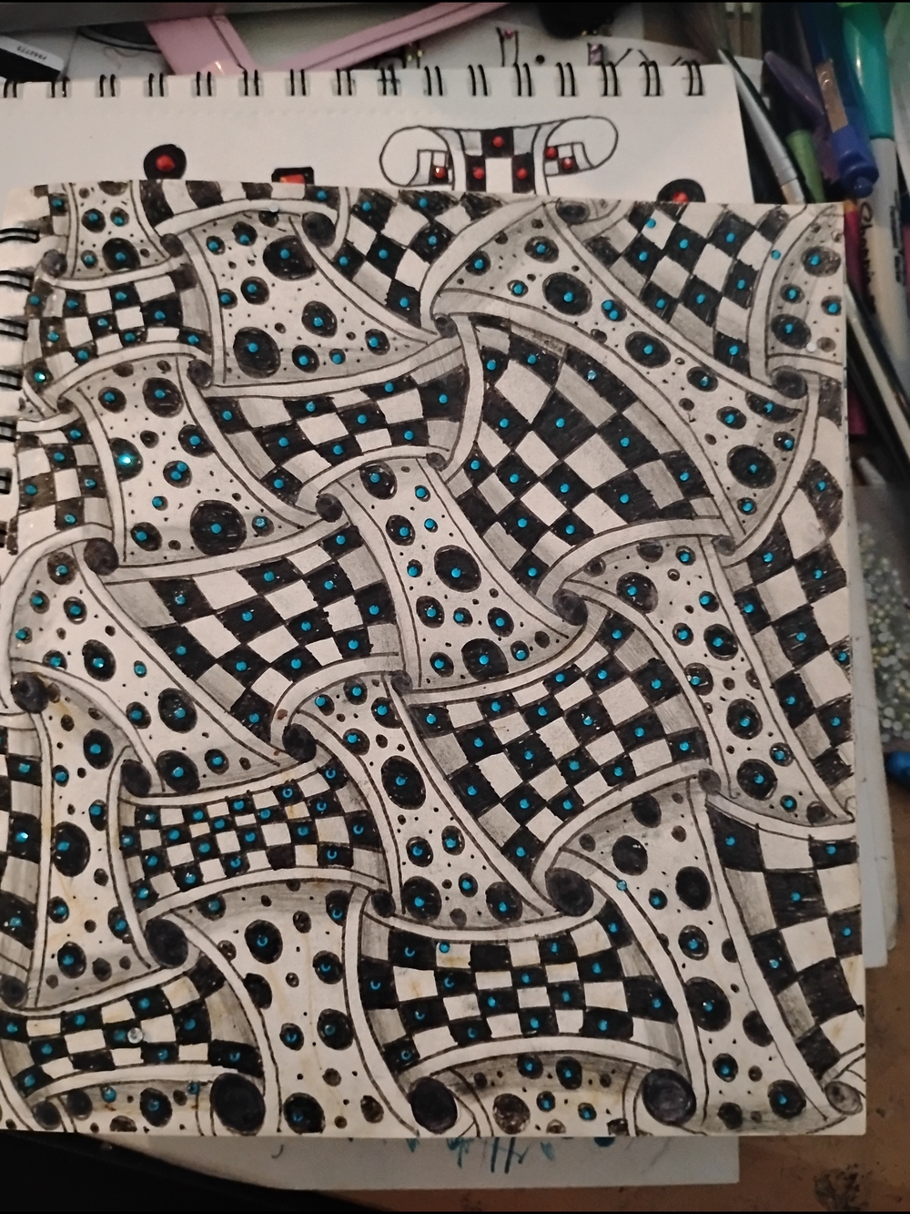 Handmade Black & White Zentangle with Electric Blue Accents